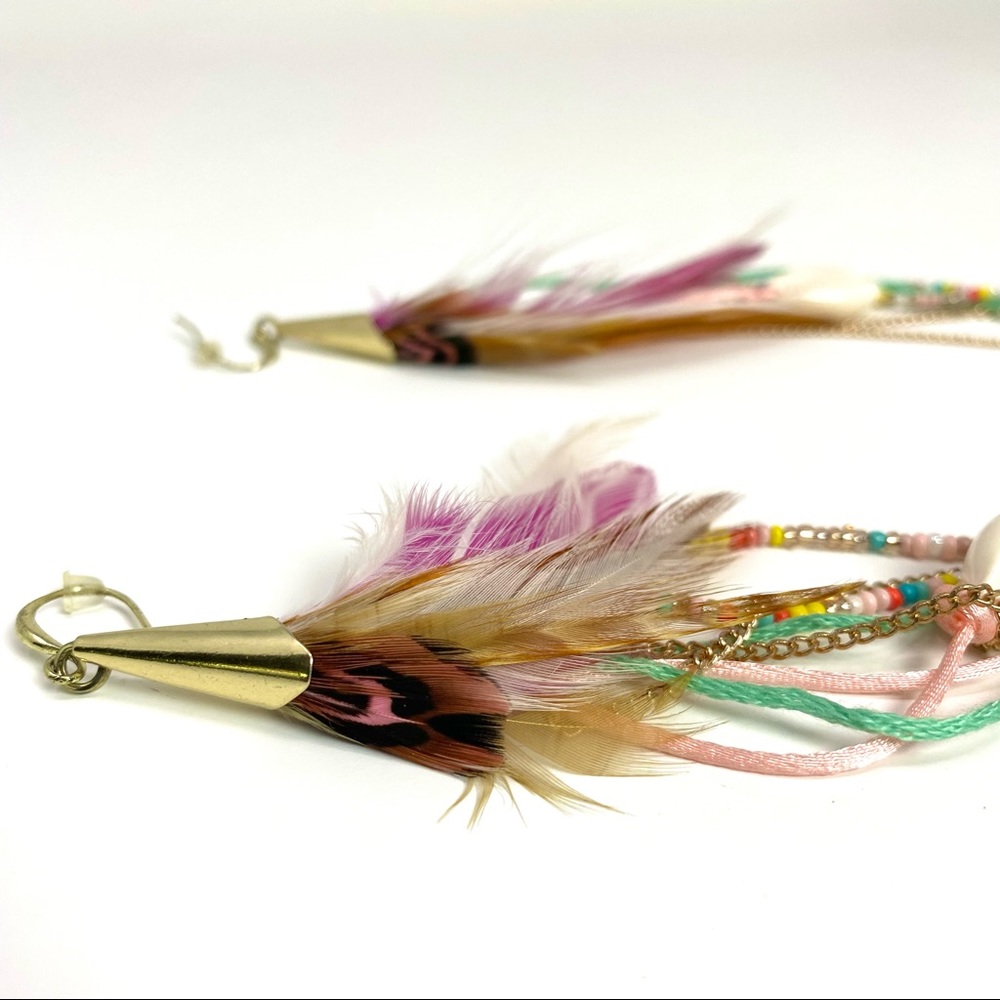 *SOLD* Bohemian Earrings Feather Shell Beads Colorful Dangle Lightweight New